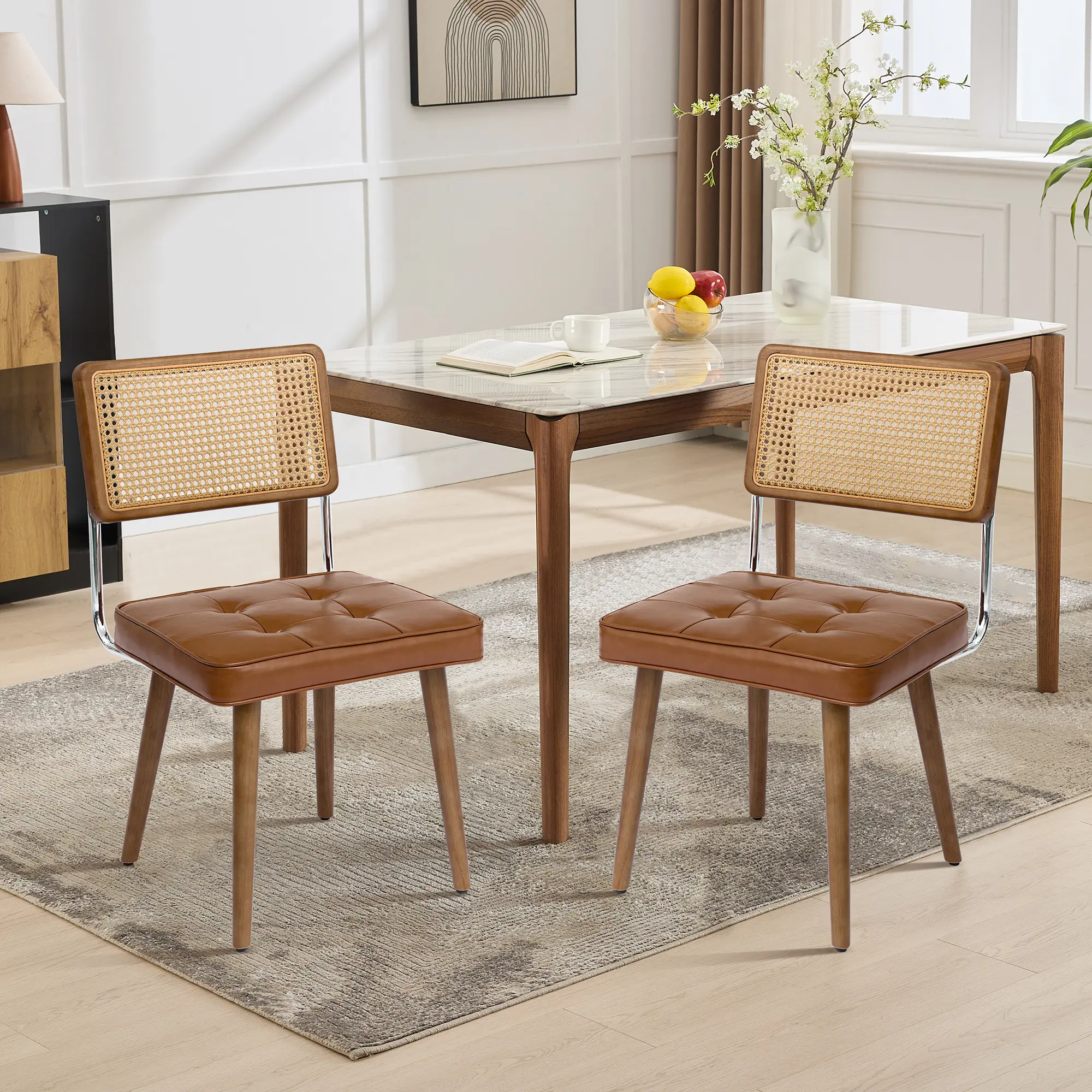 OUTGOODS Modern Dining Chairs Set, Back-Friendly Contemporary Rattan Chairs with Upholstered Faux Leather/Velvet Seats, Solid Wood Legs, 330lb Capacity, Ergonomic Cane Backrest for Indoor Kitchen, Dining Room, Back-Friendly Dining Chairs