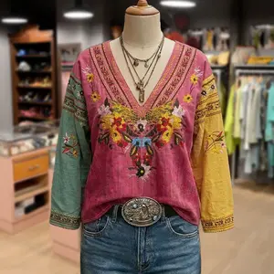 Cherrybetty 100%Cotton Boho Flower Embroidered V-Neck Long Sleeve Top Womenswear Shirts Plus Size Blouse Outfit Inspo Spring Fashion Tiktok Shop Spring Glow Up Loungewear