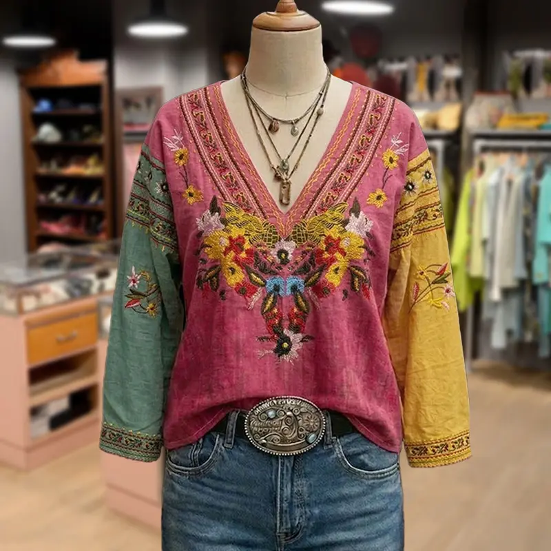 Cherrybetty 100%Cotton Boho Flower Embroidered V-Neck Long Sleeve Top Womenswear Shirts Plus Size Blouse Outfit Inspo Spring Fashion Tiktok Shop Spring Glow Up Loungewear
