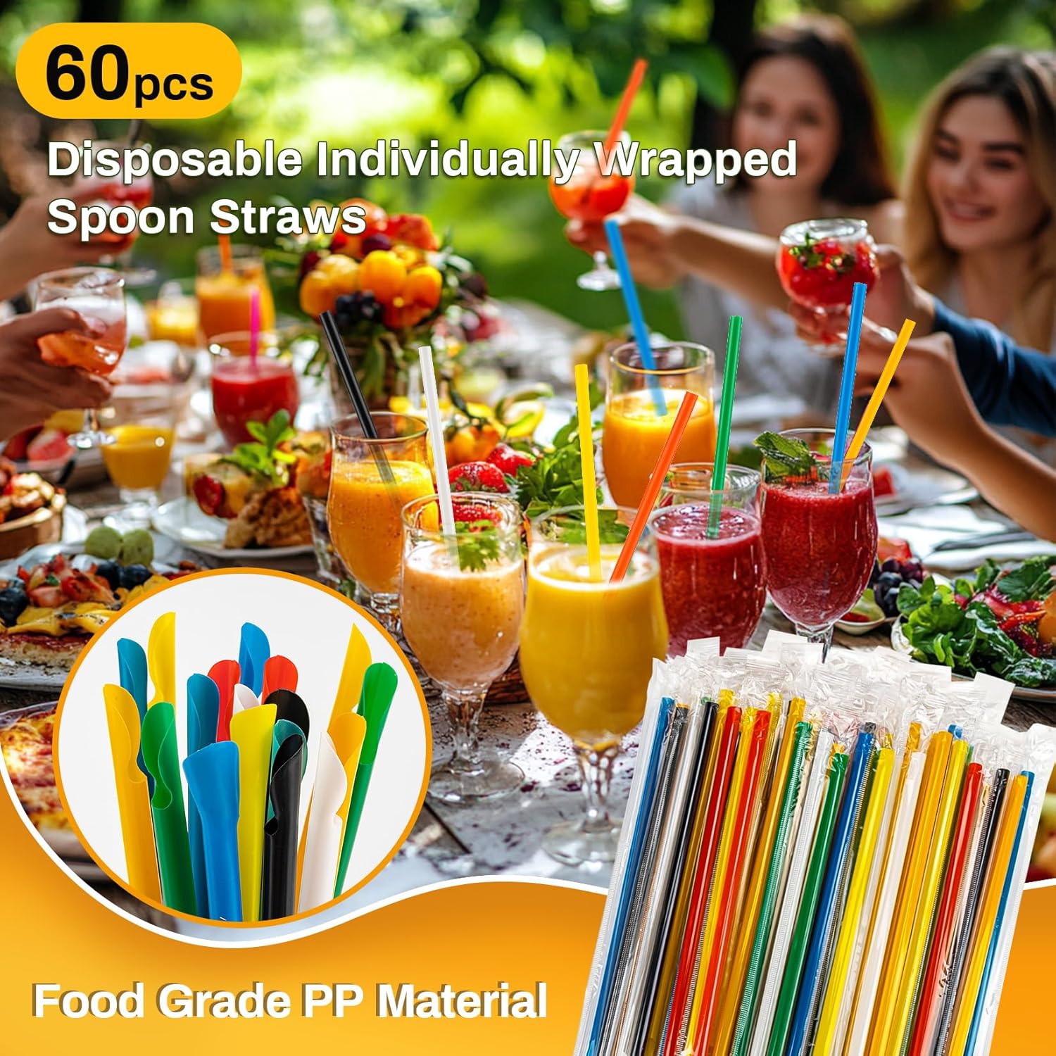 60 PCS Snow Cone Spoon Straws – Disposable Slushie Straws with Spoon, Individually Wrapped Colorful Plastic Straws for Smoothies, Milkshakes, Snow Cones & Party Drinks