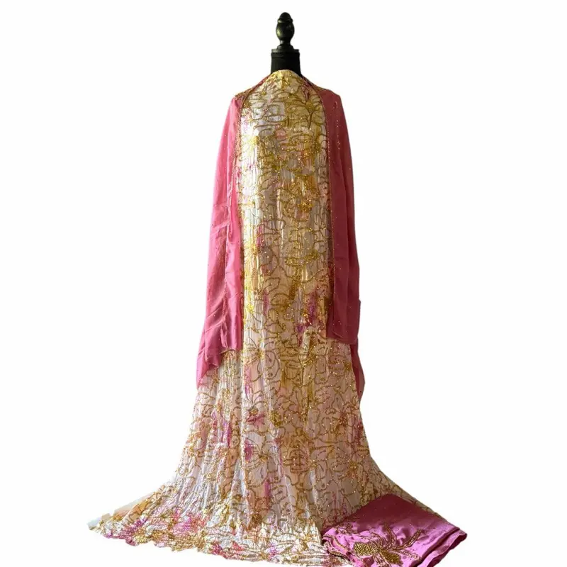 Royal Bloom Driya Handcrafted Timeless Elegance 3pcs Unstitched Fabric dusty rose with Gold-Stitched Floral Motifs for Bridal Weddings