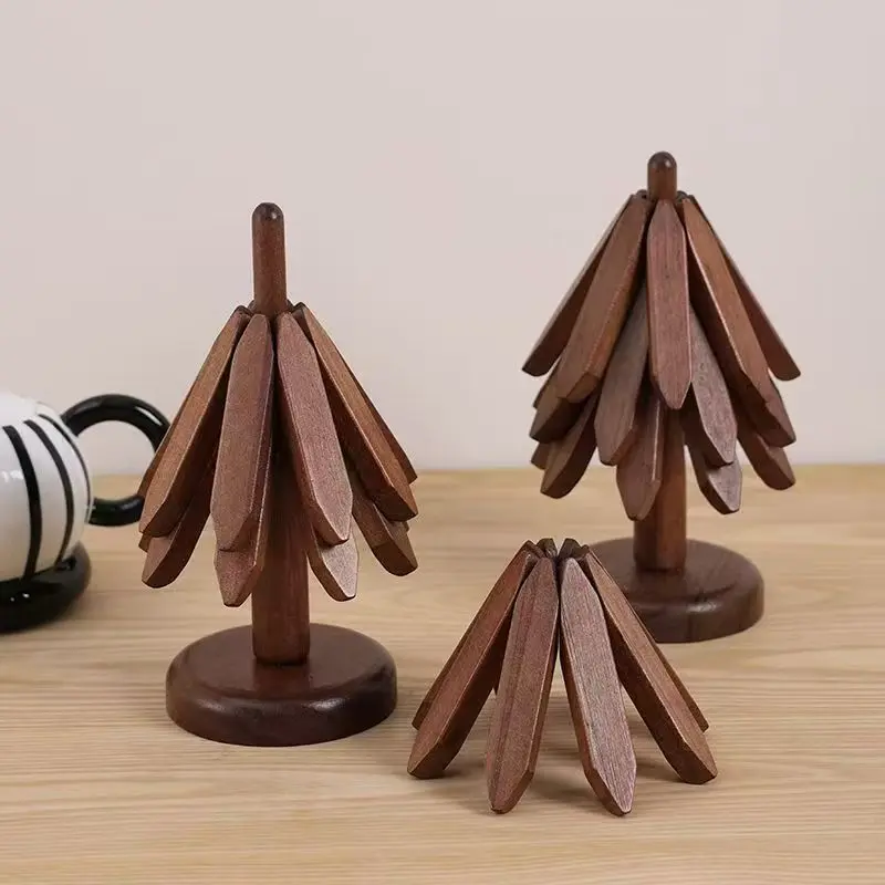7.8 Inches Classic Bamboo Wooden Trivet Coasters - 4-Piece Tree-Shape Foldable Set with Stand, Kitchen Decor, Holiday & Birthday Gift Ideas, Tableware, Holiday Gift