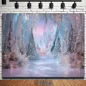 1pc Winter Wonderland Backdrop Enchanted Snowy Forest Style Multiple Sizes Glittering Ice Crystals Pink Frosted Trees Design No Electricity Needed Polyester Material Perfect for Parties Events Photo Shoo