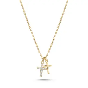 Gold Double Cross Necklace for Women Layered Minimalist Jewelry, Dainty CZ Diamond Cross Pendant with Polished Cross Charm Necklace, Trendy Everyday Necklace for Daily Wear Stacking Style, Perfect Gift Idea for Girlfriend Wife Birthday