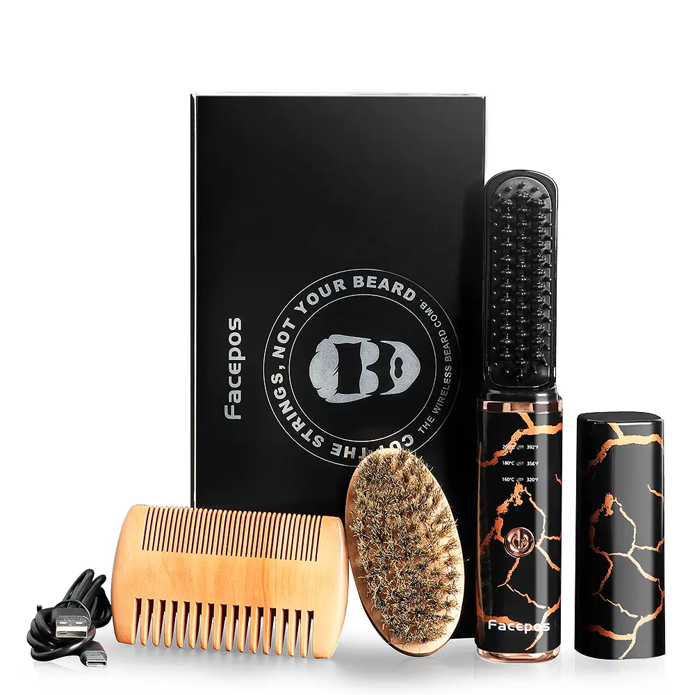 Upgraded Beard Straightener for Men,  Cordless FACEPOS Beard brush beard comb for men  , Anti-Scald Heated Beard Brush, Electric Hot Comb 3 Temp Settings, Ionic Mini Straightener for Home Travel, Gifts for Men Him Comfort Kit
