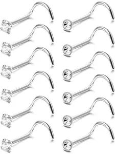 12 Pcs Sleek Silvery Unisex Curved Wave Piercing Studs Nose Piercing Jewelry for Women Men Premium Skin-safe Surgical Steel Glittering Zirconia for Eye-catching Shine Secure Threaded Back Design for Steady Wear Lightweight for Daily Body Adornment