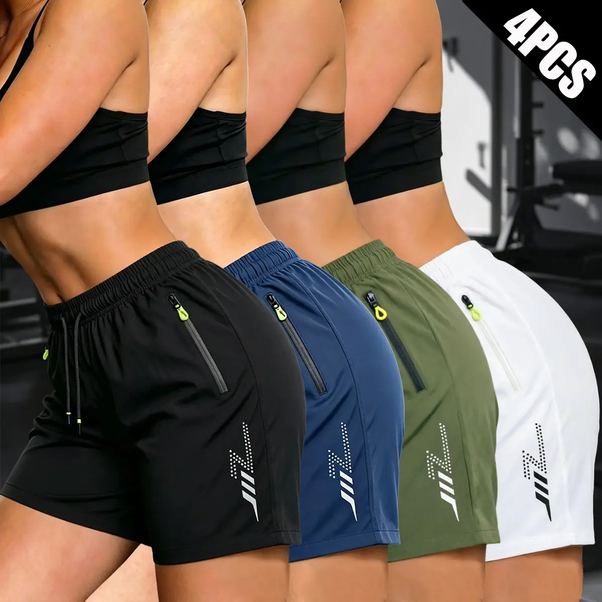 Set of 4 summer plus-size athletic shorts for women—running training fitness shorts, outdoor loose breathable quick-dry pants with side zipper pockets and a drawstring waist; comfortable, soft fabric; versatile, stylish three-inch inseam shorts.