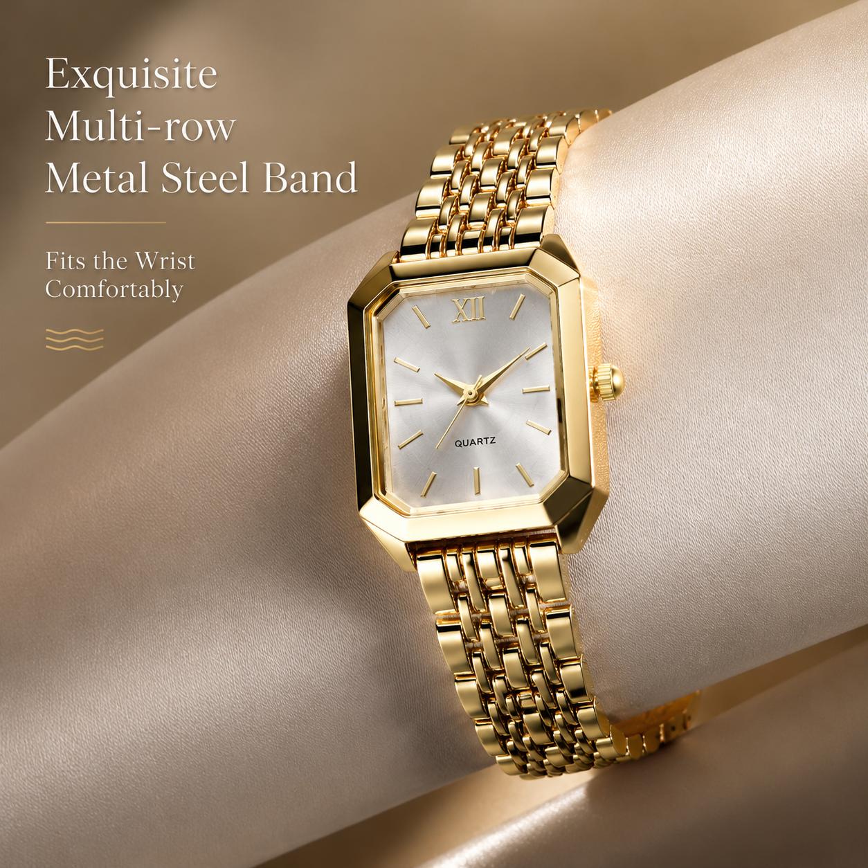 Luxury Ladies Fashion Quartz Watch Simple Scale Square Quality Gold Plated Women Watches Business, Gift Box & Adjuster & Gift for Her | Women's Lightweight Square Quartz Watch - Gold Analog, Elegant Vintage, Small Stainless Steel Bracelet Wristwatch, Girl