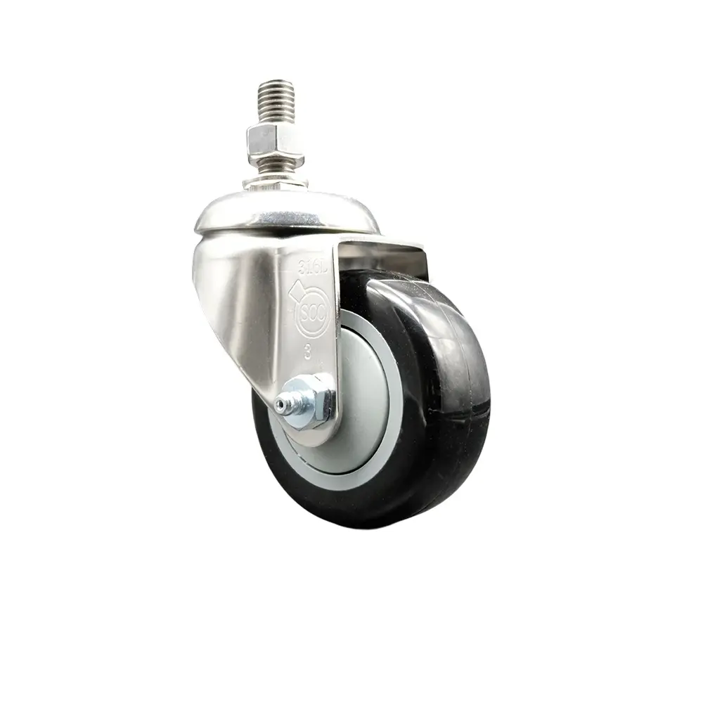 Service Caster SCC-SS316TS20S3514-PPUB-BLK-381615 Polyurethane Swivel Stem Caster with 3.5 in. Black Caster Wheels, 0.38 in. Threaded Stem - 316 Stainless Steel Caster