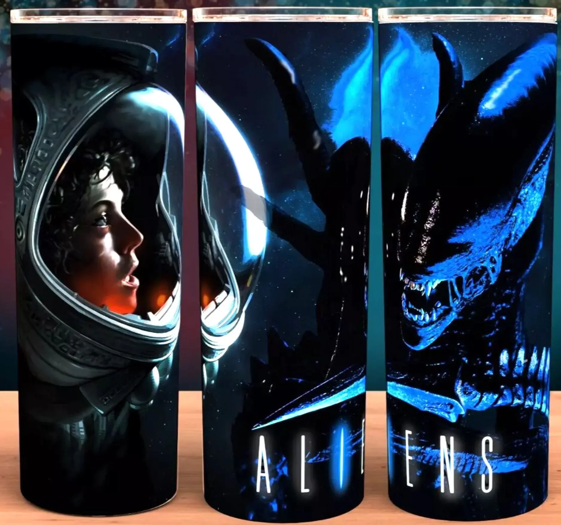 Aliens Ripley VS Xenomorph Alien Horror Movie Cup Mug Tumbler 20oz Stainless Steel Tumbler with Slide Closure Lid, Reusable Plastic Straw, Handmade Design - Drinkware