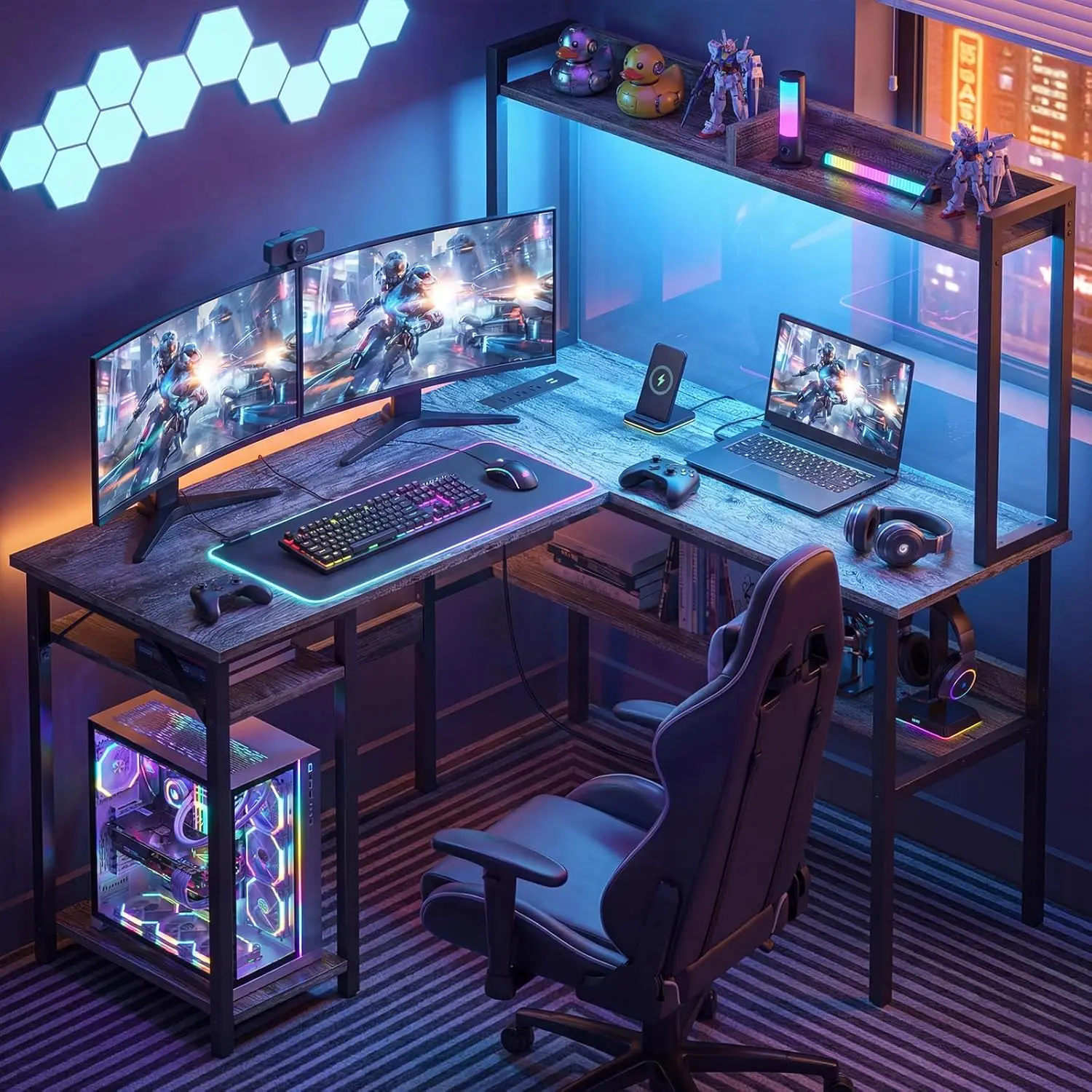Cyclysio Reversible L-Shaped Gaming Desk with LED Lights & Power Outlets, Corner Computer Desk with Tall Hutch & Storage Shelves, Black