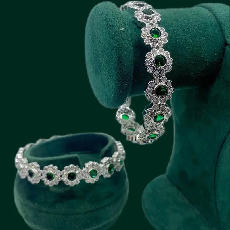 American Diamond Bangles Set of 2pcs  - One Pair with Green Gemstones & Sparkling Design. Size 2.4