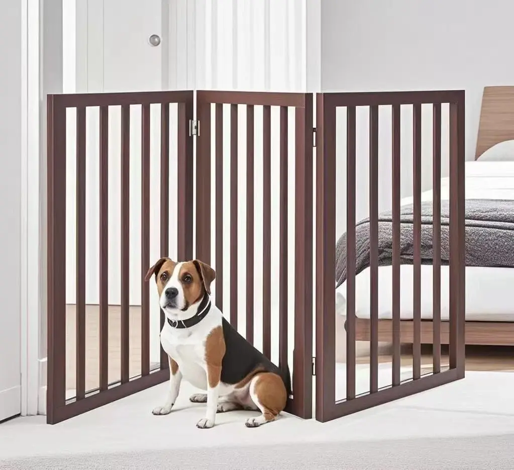 3-Panel Foldable Freestanding Wooden Dog Gate 24" High Expandable Pet Safety Fence for Doorways, Hallways & Stairs Brown, Foldable Pet Fence for Stairs Doorway,