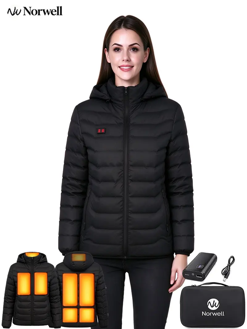 NORWELL Women's Heated Hooded Jacket, Power Bank, Dual Control, 5 Heating Zones, Water-Repellent, Windproof, Long-Sleeve, Thermal, Breathable, Zipper, Pocket,Elastic Cuff, Comfort Softshell Coat for Men, Unisex Winter Outdoor Sports Outerwear, sohochic