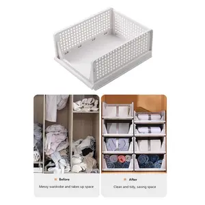 4 Pack Folding Closet Organizers Storage Box, Stackable Storage Bins, Plastic Drawer Basket Closet Storage for Wardrobe Cupboard Kitchen Bathroom Office White