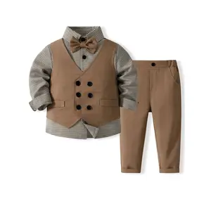 4pcs suit baby boy gentleman, solid color vest jacket + long-sleeved shirt + trousers with detachable bow tie, soft and comfortable boy gentleman clothing suitable birthday parties, dinners, weddings, birthdays, and outdoor activities, Suit, W