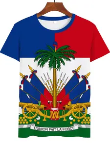 Men's Haiti Flag Emblem Printed Short Sleeve T-Shirt, Ethnic Style Casual Top, Summer Fitted Tee, All over Print, Fashionable Men's Clothing