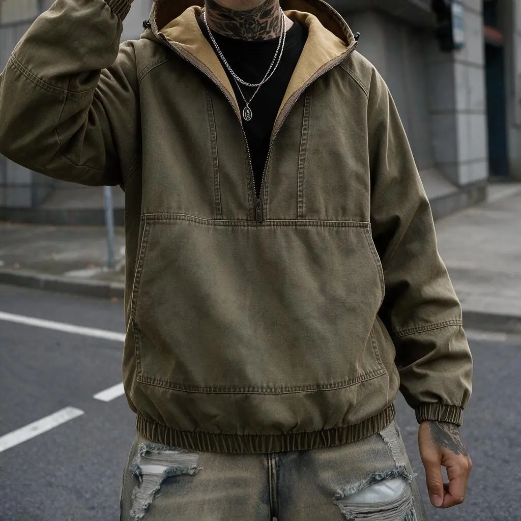 Men’s vintage washed canvas Anorak hooded jacket with half-zip closure, windproof workwear outerwear, loose fit for autumn streetwear styling, available in multiple colors