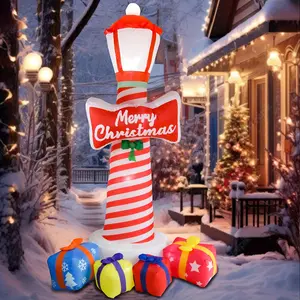 8.1ft Christmas Inflatable Lighthouse with LED Lights & Gift Boxes – Festive Red and White Striped Tower with Snowflake-Adorned Gift Bags, Perfect for Outdoor Holiday Yard Decor, Garden, and Party Lighting, Best for Christmas