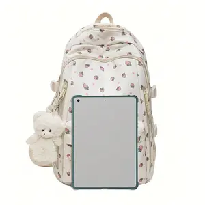 Fashion Printed Rose Ladies Backpack Multi Compartment Pockets Thick Sturdy Student Backpack Teddy Bear Pendant Decoration Large Capacity