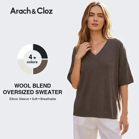 Arach&Cloz Women's Wool Blend Oversized Elbow Sleeve Cozy Layering Sweater 2026