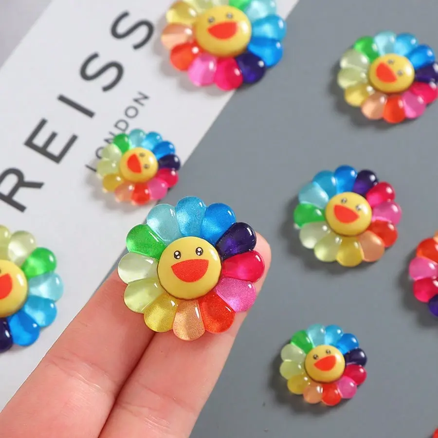 60Pcs Cute Rainbow Smile Sunflower Flatback Resin Nail Charms - Colorful 3D Flower Rhinestones, Easy Attachment Embellishments for Summer Kawaii Manicure, DIY Crafts, Kawaii Rainbow, Nail Supplies, Diy Decor, Bulk Pack
