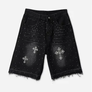 Men's Hiphop Cross Rhinestone Denim Jorts Shorts, Casual Streetwear Summer Jean Shorts