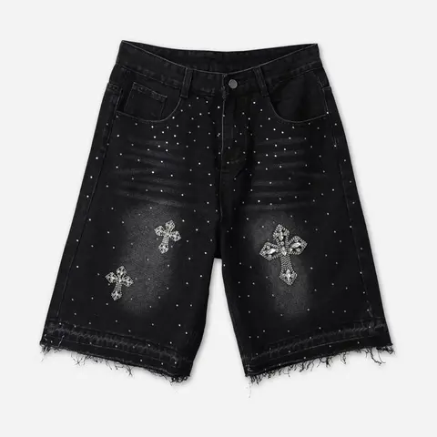 Sopula Studio Men's Rhinestone Cross Baggy Stretch Denim Shorts - Men's Clothing, Rhinestone Graphic Design, Vintage Swag, Hip-Hop Street Aesthetic, Frayed Hem, Soft Fabric, Button Closure, Baggy Shorts