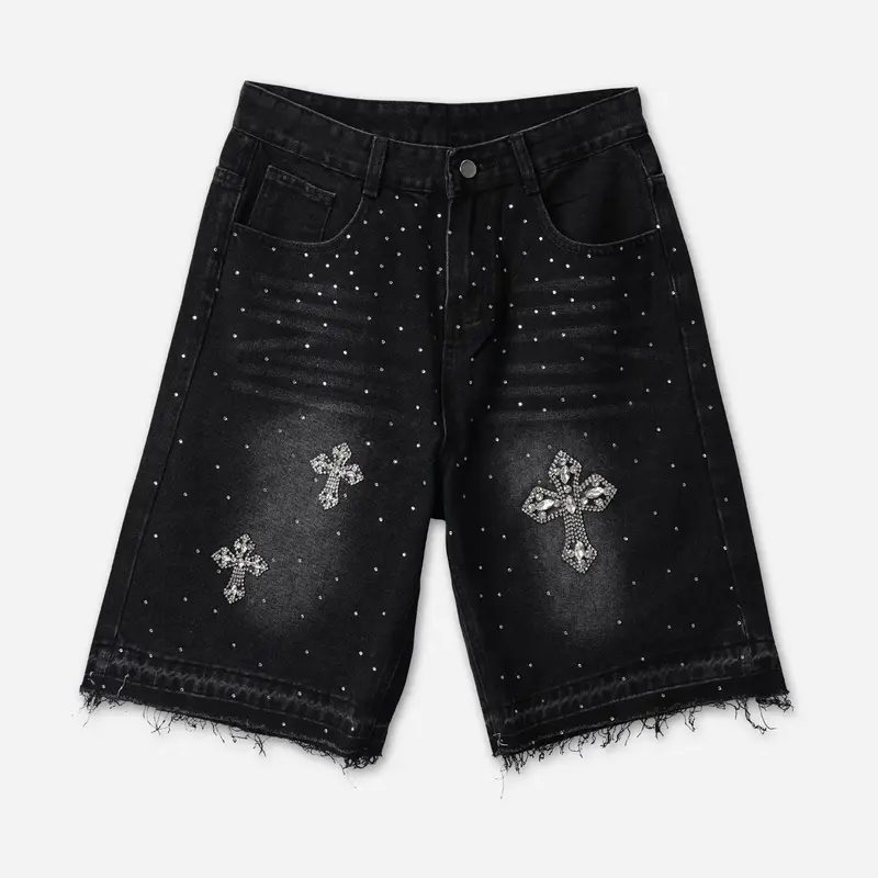 Sopula Studio Men's Rhinestone Cross Baggy Stretch Denim Shorts - Men's Clothing, Rhinestone Graphic Design, Vintage Swag, Hip-Hop Street Aesthetic, Frayed Hem, Soft Fabric, Button Closure, Baggy Shorts