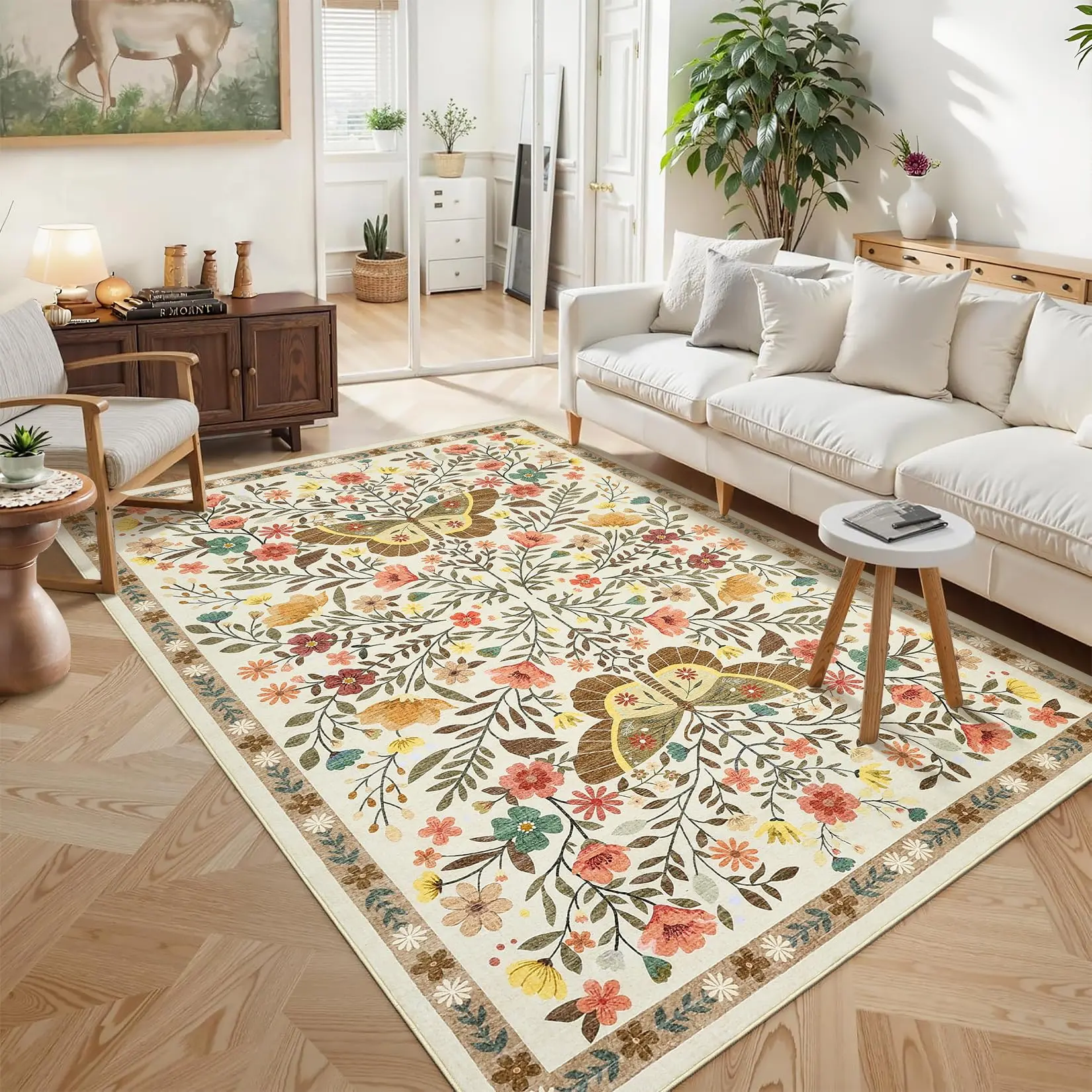 GARVEE Indoor Room Decor Washable Modern Soft Area Rug for Bedroom Beige Non Slip Low Pile Carpet for Living Room Floor Mat Farmhouse Office Decor 10x13ft
