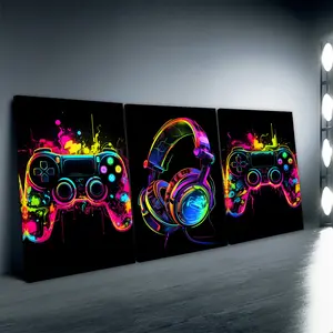 3pcs/Set Wooden Framed, Cool Gaming Controller Wall Art Retro Video Gamer watercolor Posters Pictures Colorful Neon Gamepad Canvas Painting Prints for Boys Room Kids Gamer Room Bedroom for Boys Home Decoration