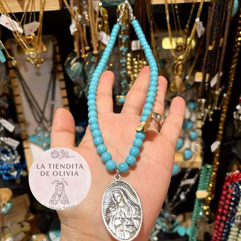 Virgencita de Guadalupe Turquoise 20” long Necklace