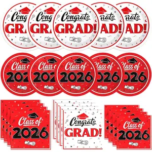 Graduation Decorations 2026, 200 Pcs Class of 2026 Graduation Party Supplies Kit with Paper Plates, Luncheon and Cocktail Napkins, Congrats Grad Decorations for 50 Guests (Red)