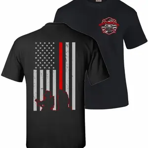 Thin Red Line Firefighter T-Shirt – American Flag & Firemen Silhouette Graphic Tee, Soft Black Cotton Shirt, First Responder Apparel for Men, Patriotic Hero Gift