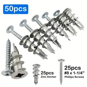 50/100pcs Self-Drilling Diamond Drywall Anchors with Screw Kit, 25/50 Heavy Duty Metal Wall Anchors and 25/50 Screws, Self-Drilling No-Punch Three-Prong Tip-Tail Spiral Expansion Screws