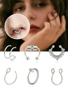 6PCS Fake Nose Rings Septum Set Unisex Stainless Steel Chic Spiral Earrings, No Piercing Needed Jewelry Nose Piercing, Lip Rings Set Golden/Silvery Inlaid Sparkling Cubic Zirconia Nose Ring Set, Septum Clicker Ring, Nose Rings Hoops