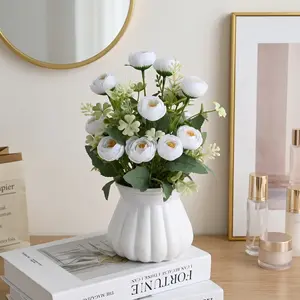 Realistic White Artificial Camellia Potted Plant with Green Leaves Complete Faux Floral Arrangement in Pot Long Lasting Fake Flower Decor Aesthetic Ornament for Indoor Bedroom Living Room Table Centerpiece Home Decoration