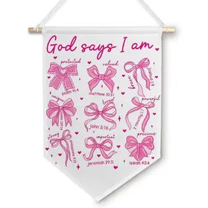 God Says I Am  Bow Christian Wall Canvas Banner,  Bow Inspirational  Verses Wall  Decor Pennant Flags for Girls Bedroom Dorm Apartment, 11x15 Inch