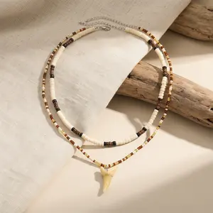 Two Layer Beaded Necklace with Realistic Shark Tooth Replica Trendy Men's Accessories Ideal for Surfing Beach and Casual Daily Wear