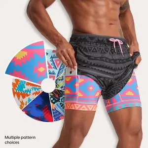 5.5 Inseam 2 in 1 Stretch Short Liner Grey Pink Swim Shorts - 4-Way Stretch 90% Polyester 10% Spandex Blend, Elastic Waistband & Drawcord, Two Zipper Pockets Swimming Activewear Beach Clothing