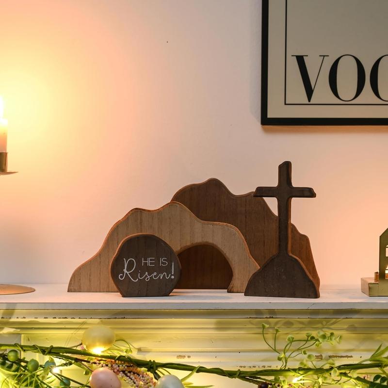 Empty Tomb Wooden Easter Resurrection Scene for Tiered Tray, Jesus Nativity Scene Decor for Religious Decorations, Home Office Tabletop, Shelf Decor