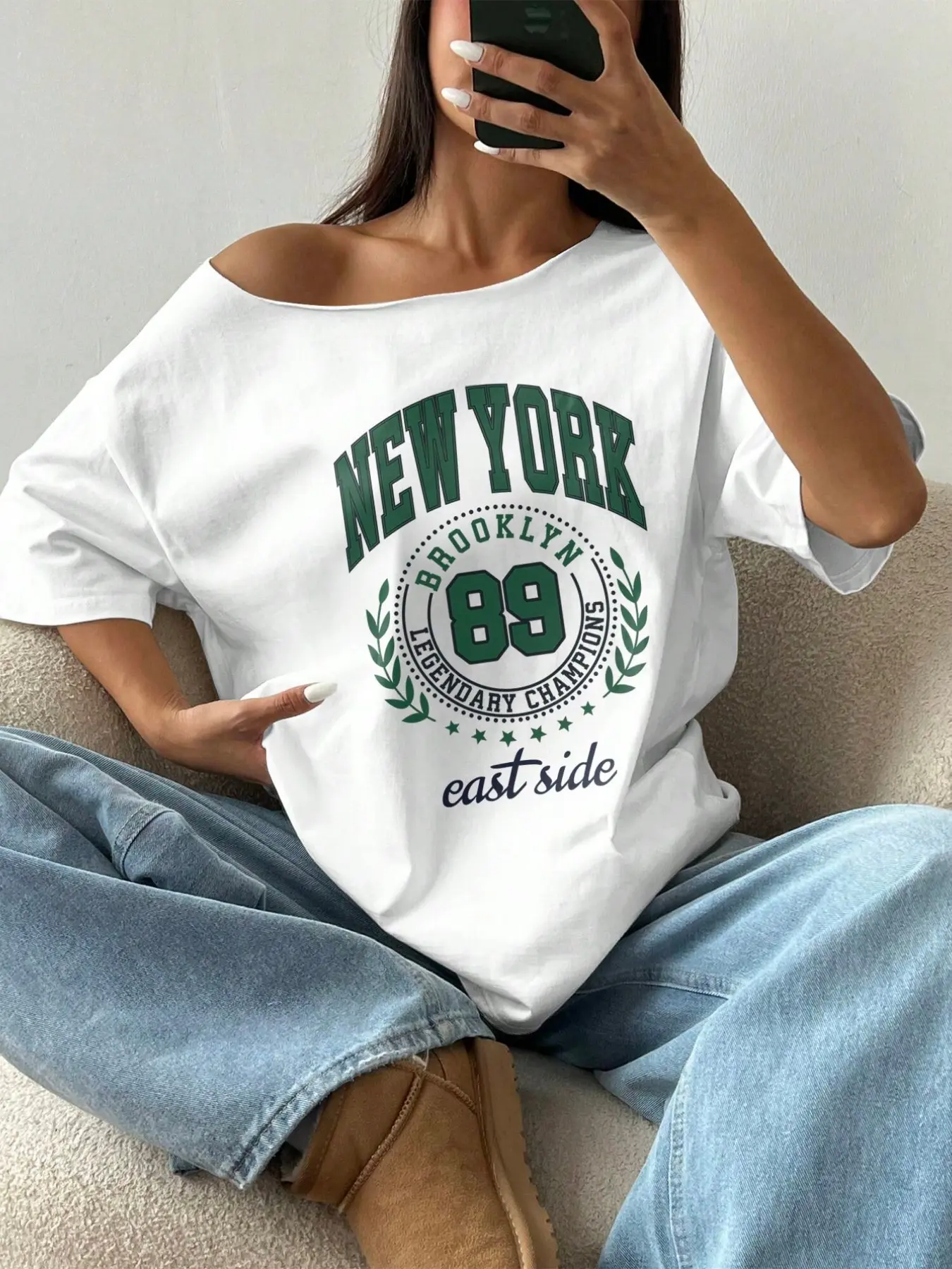 NEW YORK BROOKLYN 89 Print Off-Shoulder White T-Shirt Tops | Retro American Aesthetic Chic Vibe | Oversized Loose Fit | Versatile Streetwear | Perfect for Casual/Preppy Fans