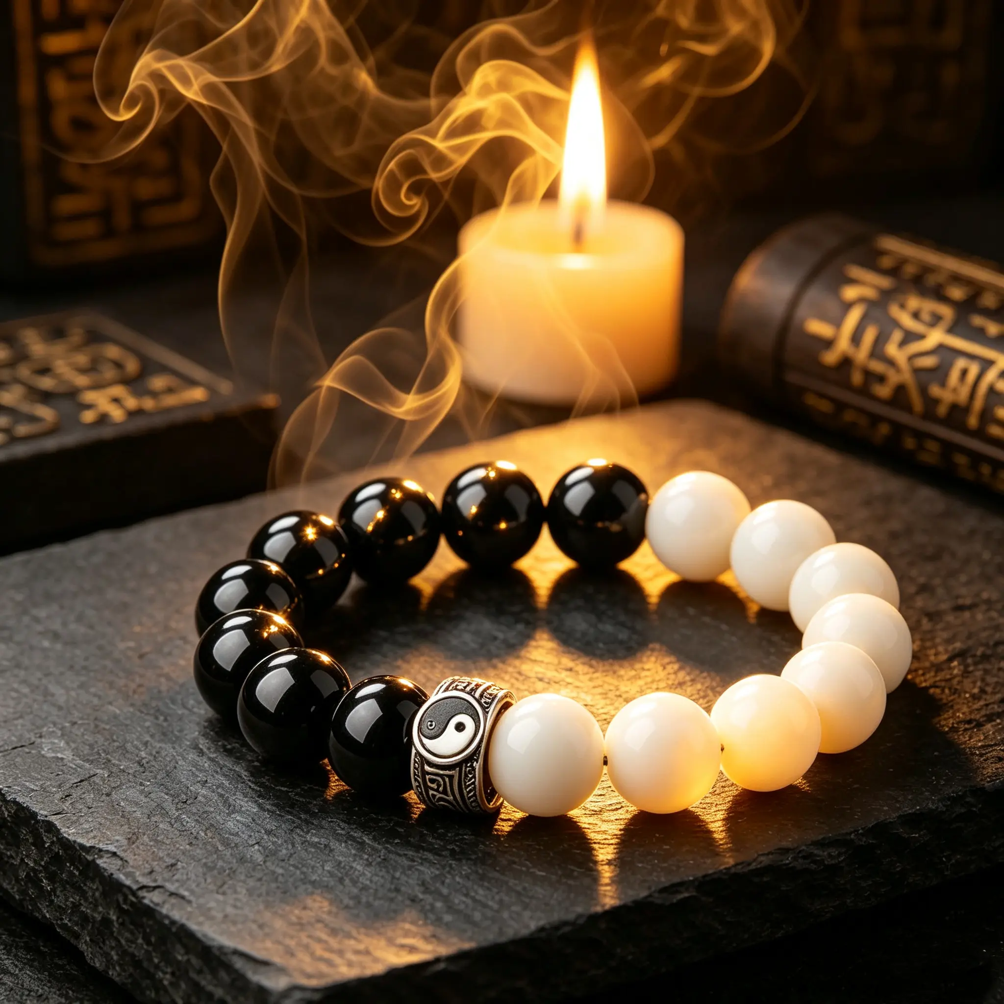 Unisex Taiji Bagua Beaded Bracelet, Black and White Inspirational Design with Eastern Culture Beads, Daily Lucky Charm Fashion Accessory - Enhancing Fortune