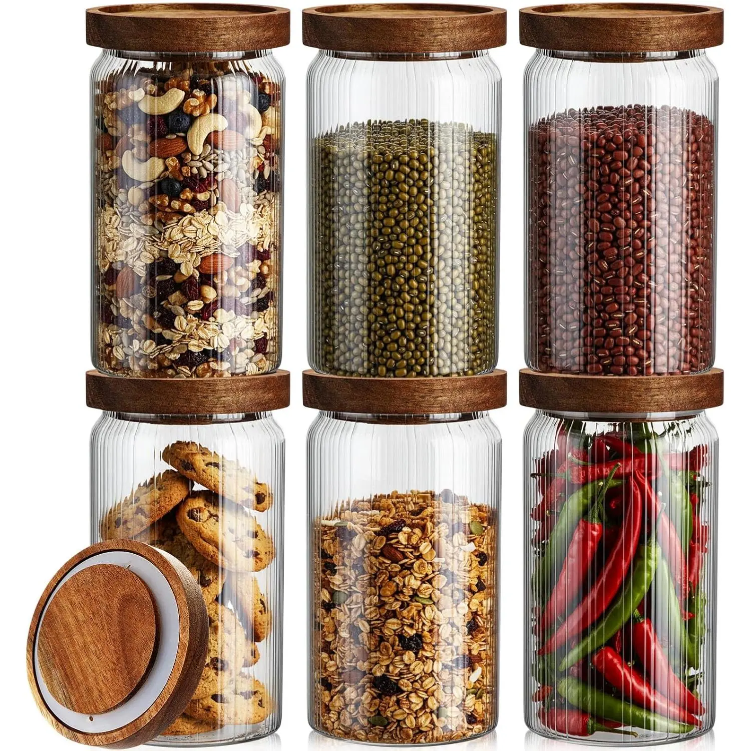 Suclain 6-Piece Stackable Ribbed Glass Jar Set with Airtight Wooden Lids, Fluted Striped Storage Canisters for Pasta, Coffee (27 oz) – Home & Kitchen Organizers, Sturdy