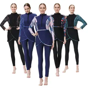 Patchwork Women's Pants Top Hat Three-piece Swimsuit in Polyester - Blue Pink Flower & Dark Blue - Sizes S to 4XL - Autumn Wear
