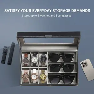 Leather 6 Watch and 3 Eyeglasses&Sunglasses Box with Jewelry Display Case Organizer,Mens Women Storage Holder Boxes,Glass Top,Black,AW-004