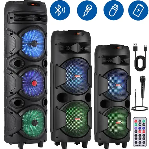 Portable Bluetooth Karaoke PA System Speaker with Microphone, Remote, 2x6.5"/2x8"/3x8" Subwoofers, LED Lights, Batteries, Stereo Sound - Wireless Karaoke Set for Home Music Setup