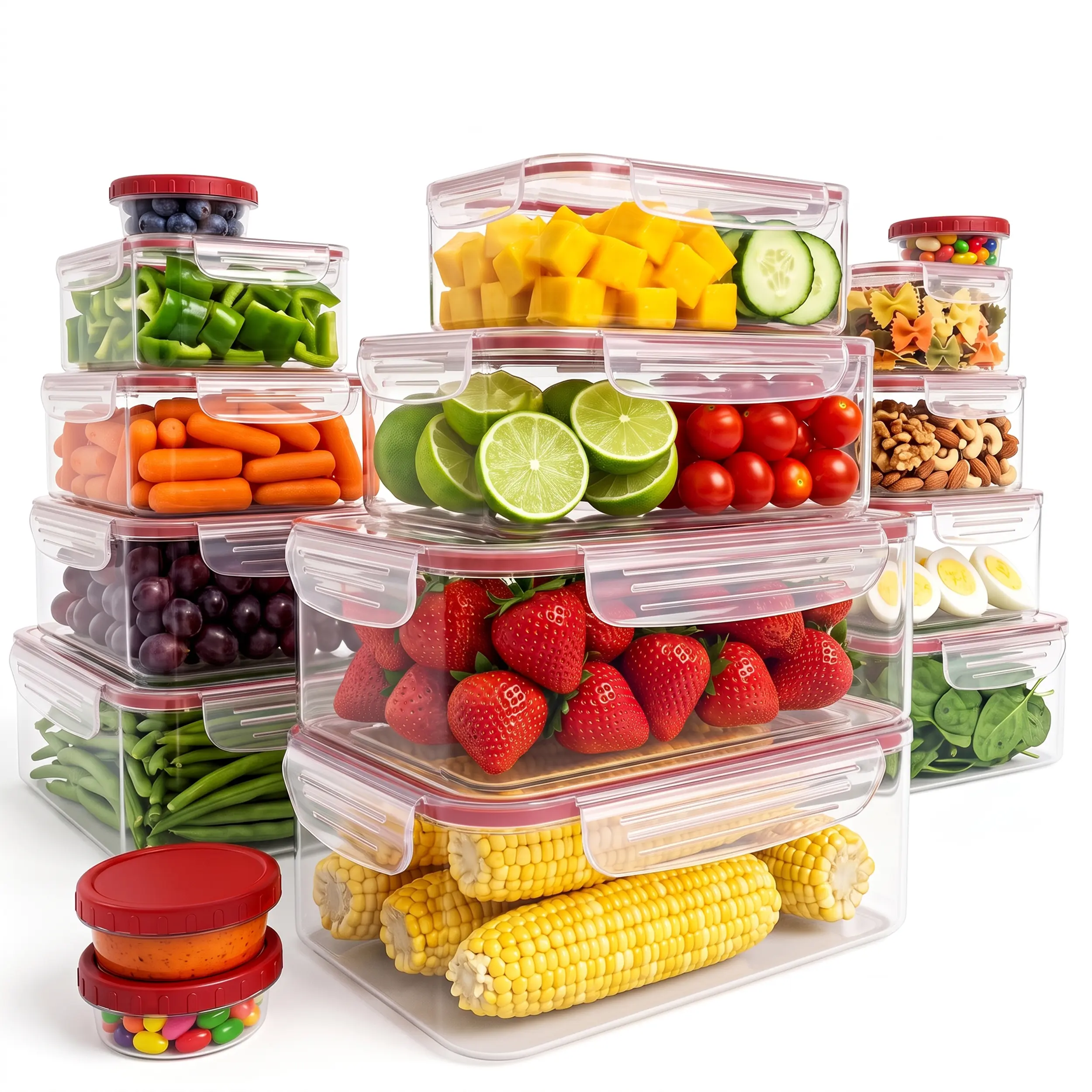 Kichly Plastic Food Containers - Food Storage Containers with Airtight Lids - Reusable Lunch Boxes - Leak Proof (Red, Pack of 32)