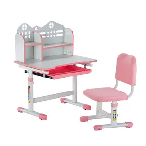 VEVOR Kids Study Chair and Desk Set, Study Desk and Chair for Kids with Bookshelf and Storage Drawer, Adjustable Height Kids Study Desk with Chair, Children Study Table for Bedroom & Study Room, Pink