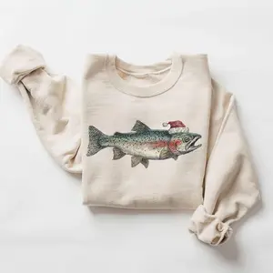 Retro Christmas Rainbow Trout Wearing Santa Hat Vintage Flyfishing Unisex Sweatshirt